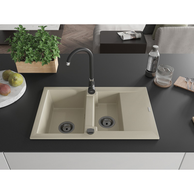 Mexen Gaspar granite kitchen sink 1.5-bowl with drainer and Telma kitchen faucet, beige - 6507-69-670200-70