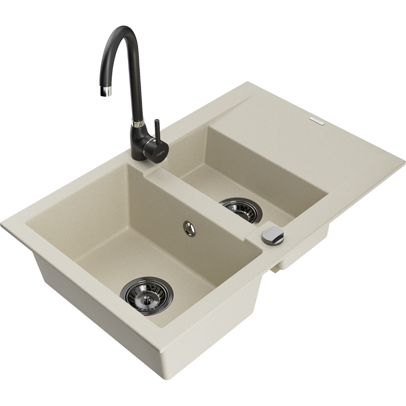 Mexen Gaspar 1.5-compartment granite sink with a drip tray and kitchen mixer tap Telma, Beige - 6507-69-670200-70
