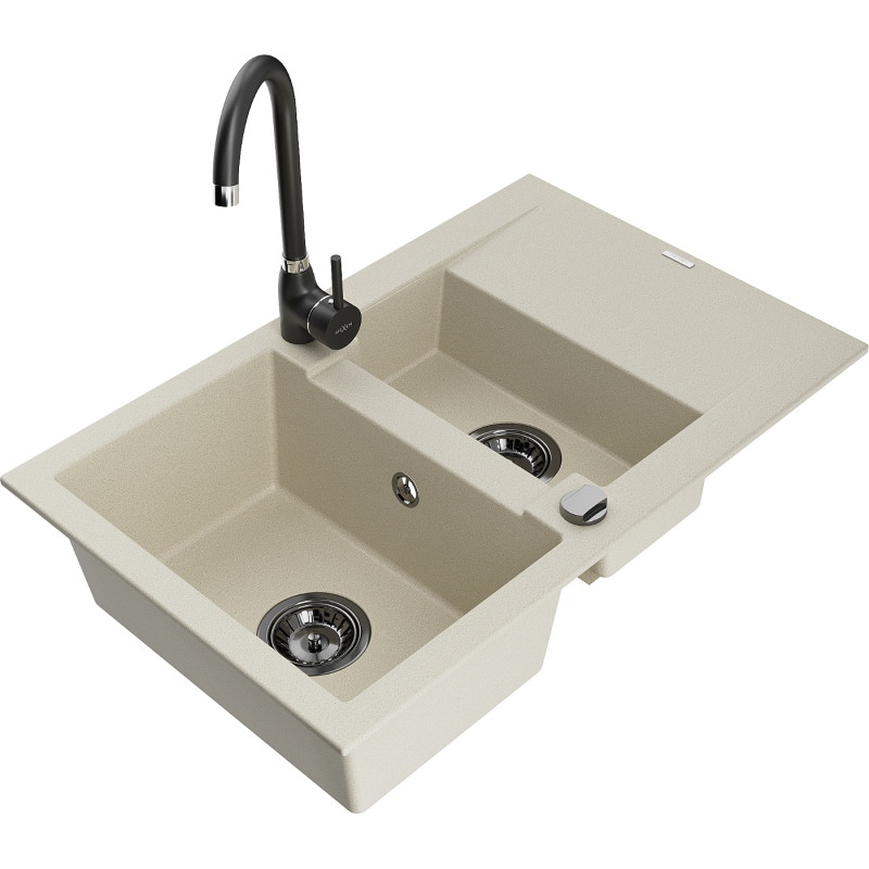 Mexen Gaspar granite kitchen sink 1.5-bowl with drainer and Telma kitchen faucet, beige - 6507-69-670200-70