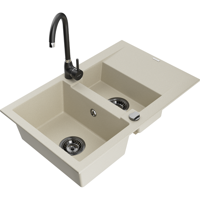 Mexen Gaspar granite sink 1.5-bowl with drainer and Telma kitchen tap, beige - 6507-69-670200-70