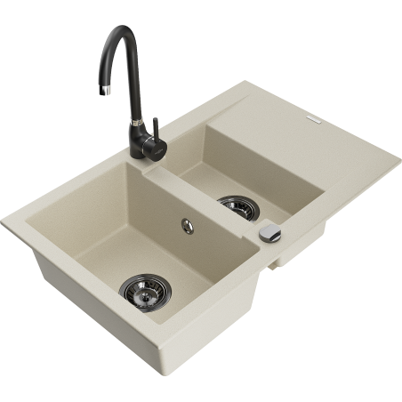 Mexen Gaspar granite sink 1.5-bowl with drainer and Telma kitchen faucet, beige - 6507-69-670200-70