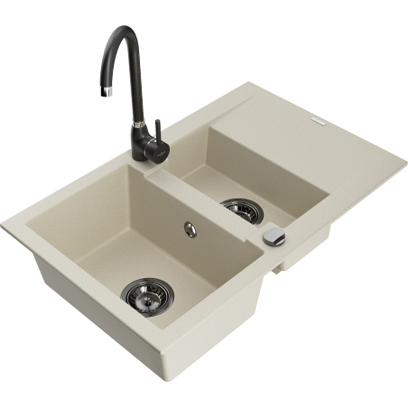 Mexen Gaspar granite sink 1.5-bowl with drainer and Telma kitchen tap, beige - 6507-69-670200-70