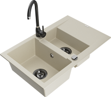 Mexen Gaspar granite kitchen sink 1.5-bowl with drainer and Telma kitchen faucet, beige - 6507-69-670200-70