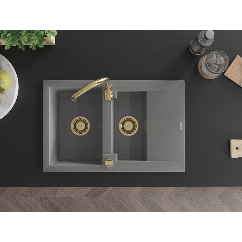 Mexen Gaspar granite sink 1.5-bowl with drainer and Telma kitchen faucet, gray - 6507-71-670200-50