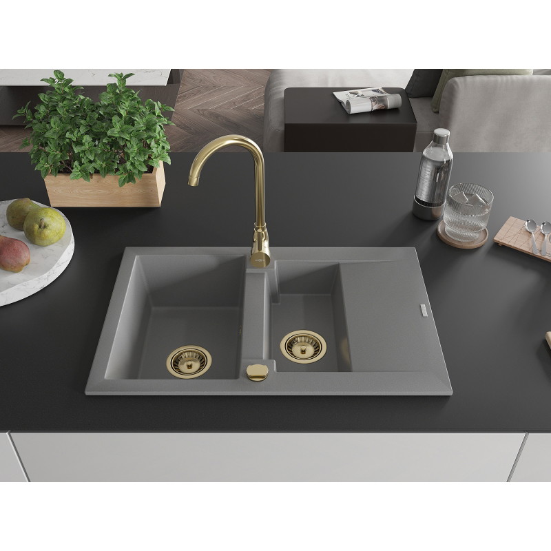 Mexen Gaspar granite sink 1.5-bowl with drainer and Telma kitchen faucet, gray - 6507-71-670200-50