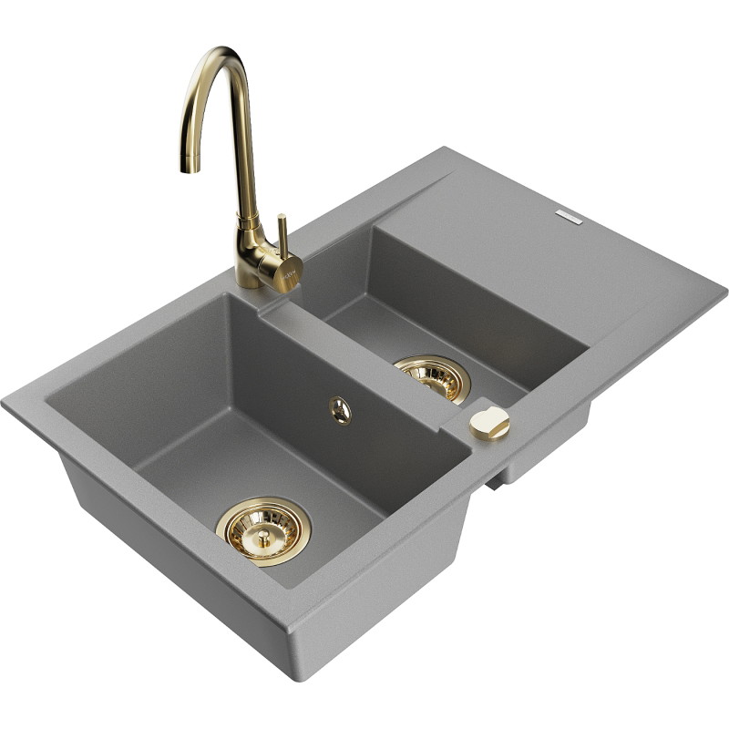 Mexen Gaspar granite sink 1.5-bowl with drainer and Telma kitchen faucet, gray - 6507-71-670200-50