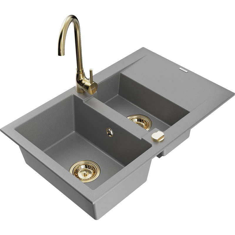 Mexen Gaspar granite sink 1.5-bowl with drainer and Telma kitchen tap, grey - 6507-71-670200-50