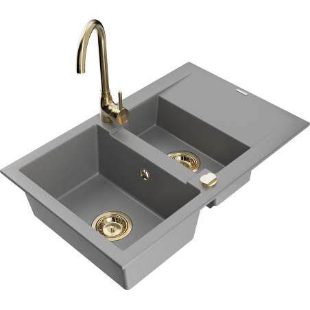 Mexen Gaspar granite sink 1.5-bowl with drainer and Telma kitchen faucet, gray - 6507-71-670200-50