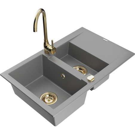 Mexen Gaspar granite sink 1.5-bowl with drainer and Telma kitchen tap, grey - 6507-71-670200-50