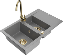 Mexen Gaspar granite sink 1.5-bowl with drainer and kitchen faucet Telma, gray - 6507-71-670200-50