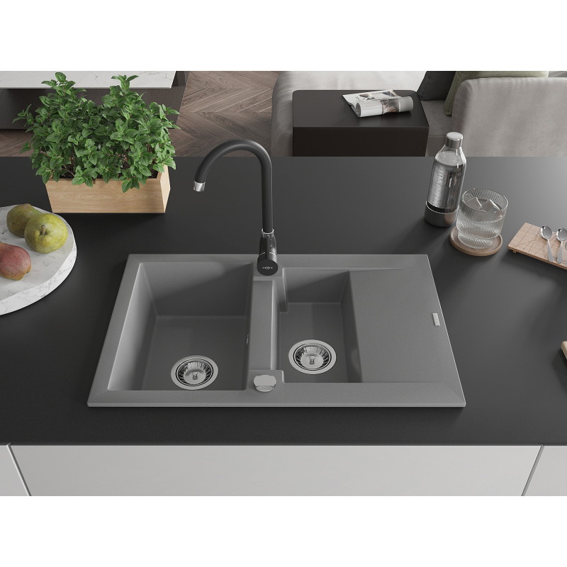 Mexen Gaspar 1.5-bowl granite sink with drainer and Telma kitchen faucet, gray - 6507-71-670200-70