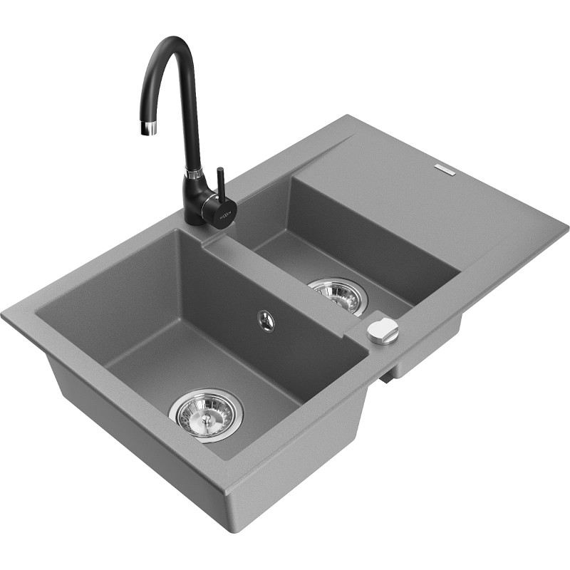 Mexen Gaspar 1.5-bowl granite sink with drainer and Telma kitchen faucet, gray - 6507-71-670200-70