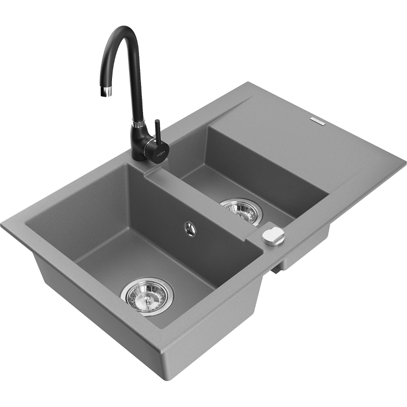 Mexen Gaspar 1.5-bowl granite sink with drainer and Telma kitchen tap, grey - 6507-71-670200-70