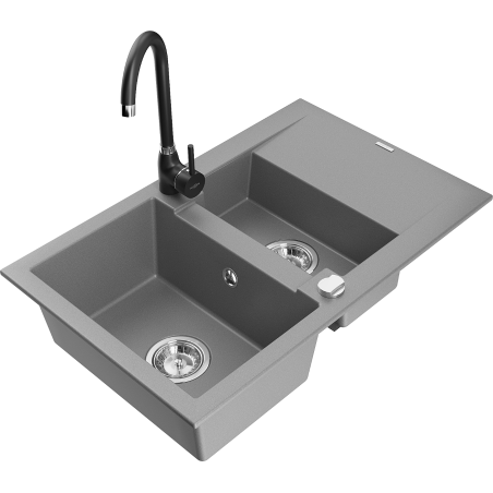 Mexen Gaspar 1.5-bowl granite sink with drainer and Telma kitchen tap, grey - 6507-71-670200-70