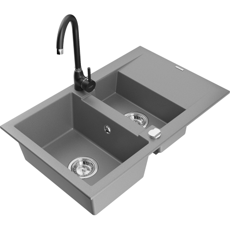 Mexen Gaspar granite sink 1.5-bowl with drainer and Telma kitchen faucet, gray - 6507-71-670200-70