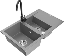 Mexen Gaspar 1.5-compartment granite sink with a drip tray and kitchen mixer tap Telma, Grey - 6507-71-670200-70