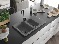 Mexen Gaspar granite sink 1.5-bowl with drainer and Telma kitchen tap, grey - 6507-71-670200-70-B