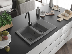 Mexen Gaspar Telma 1.5-bowl granite sink with drainer and kitchen faucet, gray - 6507-71-670200-70-B
