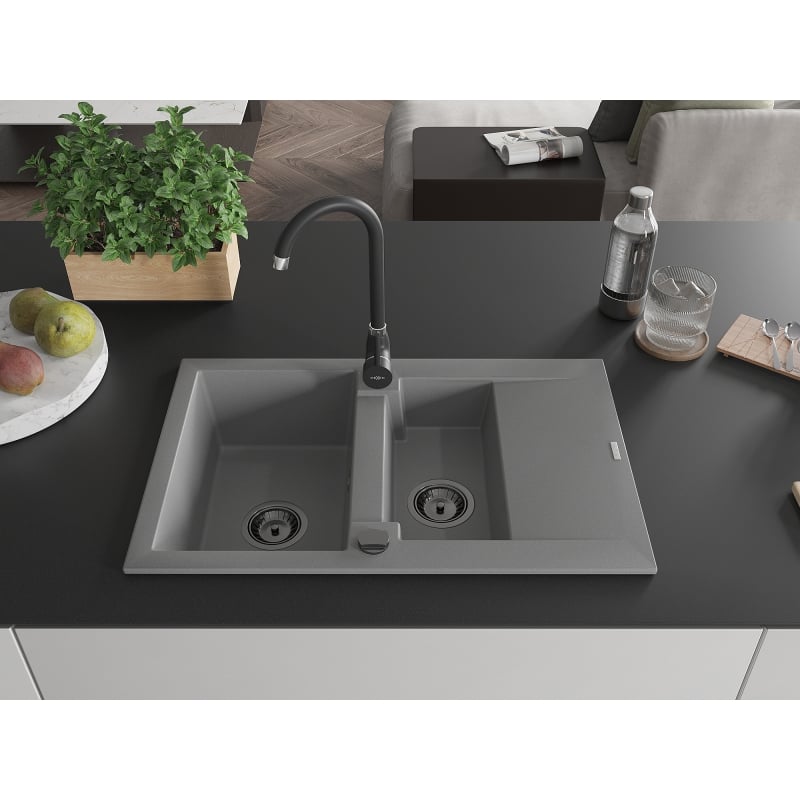 Mexen Gaspar 1.5-bowl granite kitchen sink with drainer and Telma kitchen faucet, gray - 6507-71-670200-70-B