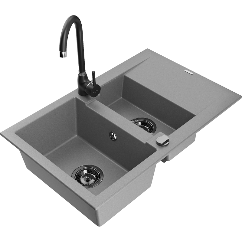 Mexen Gaspar 1.5-compartment granite sink with a drip tray and kitchen mixer tap Telma, Grey - 6507-71-670200-70-B