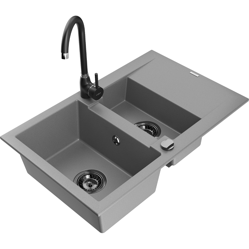 Mexen Gaspar granite sink 1.5-bowl with drainer and Telma kitchen tap, grey - 6507-71-670200-70-B