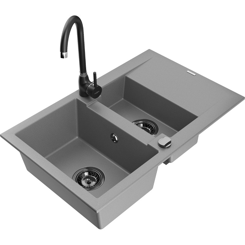 Mexen Gaspar Telma 1.5-bowl granite sink with drainer and kitchen faucet, gray - 6507-71-670200-70-B