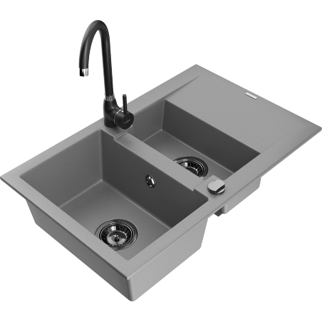 Mexen Gaspar 1.5-bowl granite kitchen sink with drainer and Telma kitchen faucet, gray - 6507-71-670200-70-B