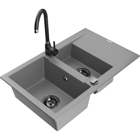 Mexen Gaspar granite sink 1.5-bowl with drainer and Telma kitchen tap, grey - 6507-71-670200-70-B