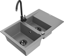 Mexen Gaspar granite sink 1.5-bowl with drainer and Telma kitchen tap, grey - 6507-71-670200-70-B
