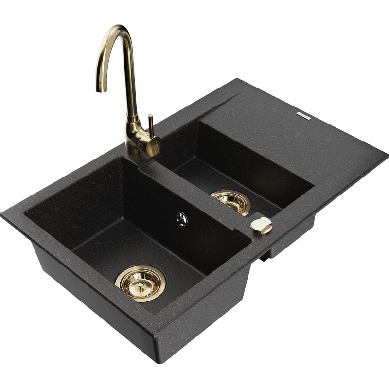 Mexen Gaspar granite sink 1.5-bowl with drainer and Telma kitchen faucet, black/silver - 6507-73-670200-50
