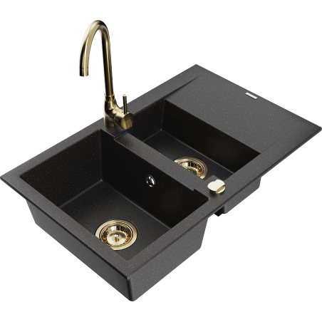 Mexen Gaspar granite sink 1.5-bowl with drainer and Telma kitchen faucet, black/silver - 6507-73-670200-50