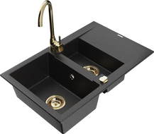 Mexen Gaspar granite sink 1.5-bowl with drainer and Telma kitchen faucet, black/silver - 6507-73-670200-50