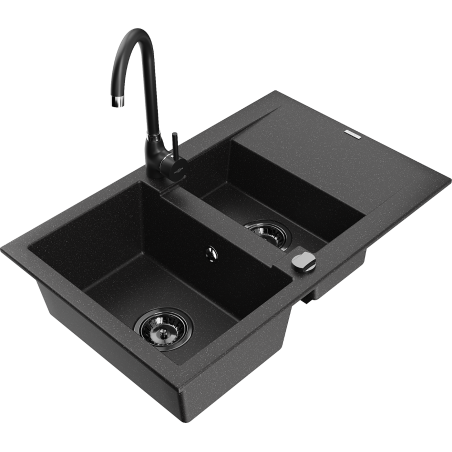 Mexen Gaspar granite sink 1.5-bowl with drainer and Telma kitchen faucet, black/silver - 6507-73-670200-70-B