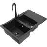 Mexen Gaspar granite sink 1.5-bowl with drainer and Telma kitchen faucet, black/silver - 6507-73-670200-70-B