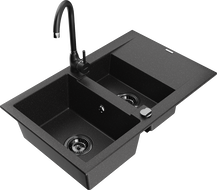Mexen Gaspar granite sink 1.5-bowl with drainer and Telma kitchen faucet, black/silver - 6507-73-670200-70-B