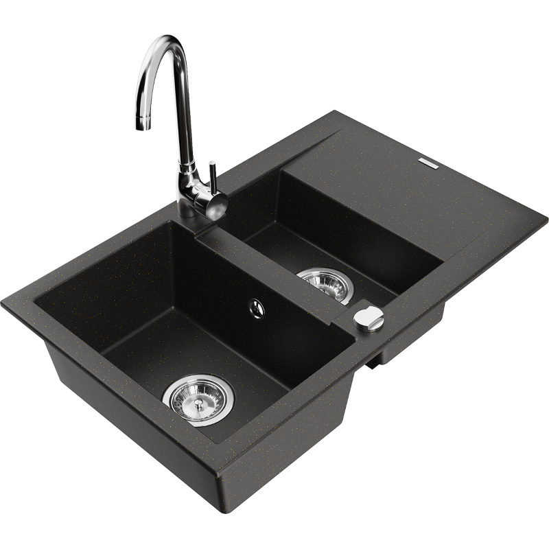 Mexen Gaspar 1.5-compartment granite sink with a drip tray and kitchen mixer tap Telma, Black/Gold - 6507-75-670200-00