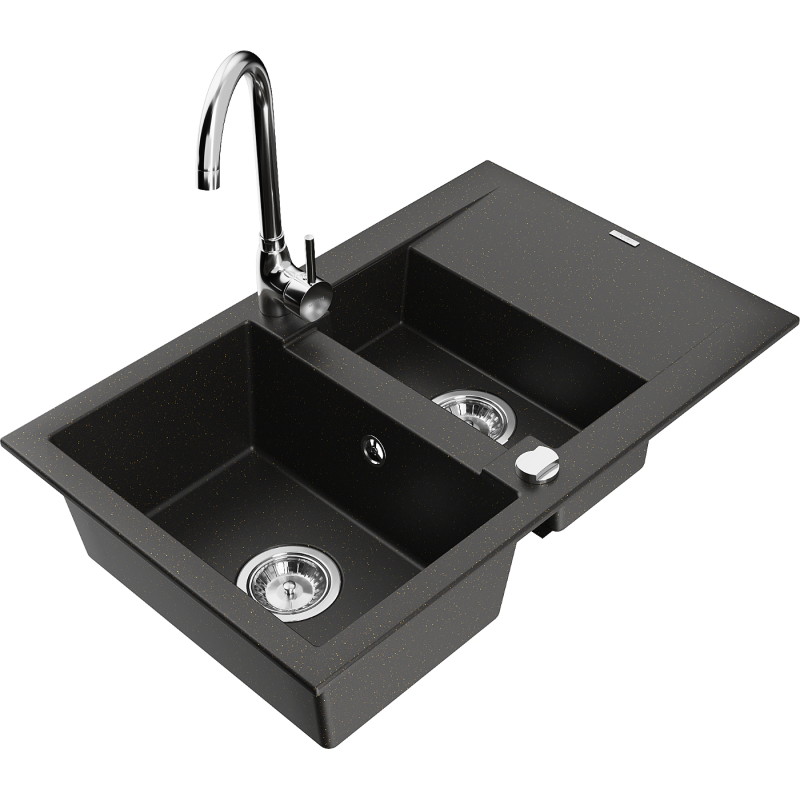 Mexen Gaspar granite sink 1.5-bowl with drainer and Telma kitchen faucet, black/gold - 6507-75-670200-00