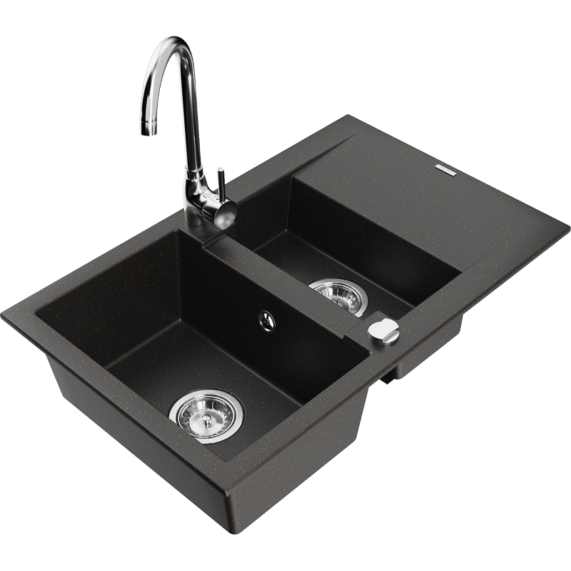 Mexen Gaspar granite sink 1.5-bowl with drainer and Telma kitchen tap, black/gold - 6507-75-670200-00