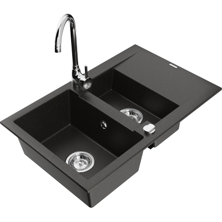 Mexen Gaspar granite sink 1.5-bowl with drainer and Telma kitchen faucet, black/gold - 6507-75-670200-00