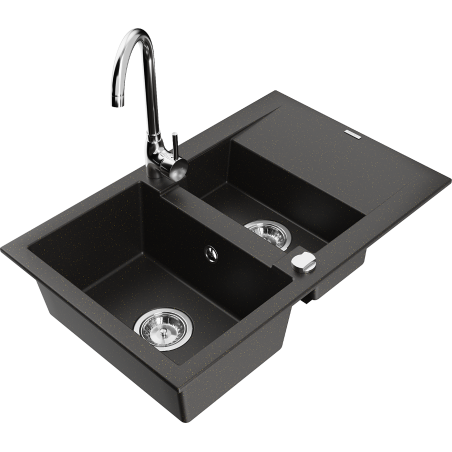 Mexen Gaspar granite sink 1.5-bowl with drainer and Telma kitchen tap, black/gold - 6507-75-670200-00