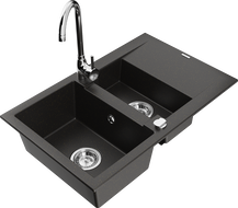 Mexen Gaspar 1.5-bowl granite sink with drainer and Telma kitchen faucet, black/gold - 6507-75-670200-00