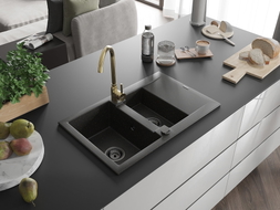 Mexen Gaspar 1.5-bowl granite sink with drainer and Telma kitchen faucet, black/gold - 6507-75-670200-50-B