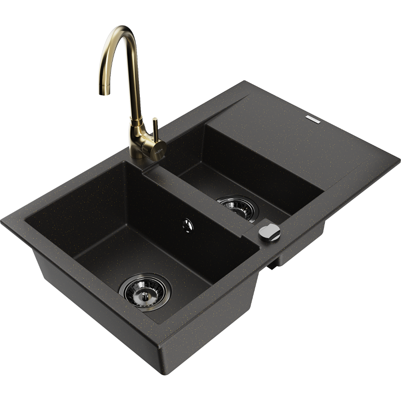 Mexen Gaspar 1.5-compartment granite sink with a drip tray and kitchen mixer tap Telma, Black/Gold - 6507-75-670200-50-B