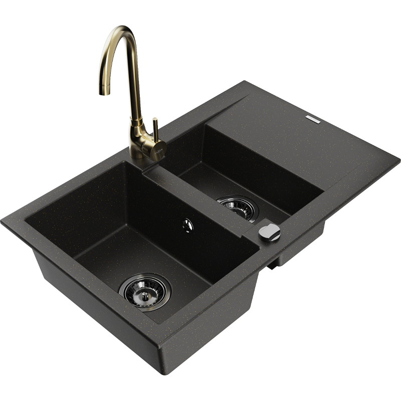 Mexen Gaspar granite sink 1.5-bowl with drainer and Telma kitchen faucet, black/gold - 6507-75-670200-50-B