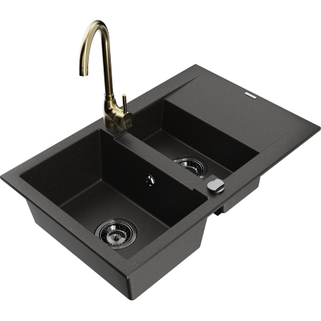 Mexen Gaspar 1.5-bowl granite sink with drainer and Telma kitchen tap, black/gold - 6507-75-670200-50-B