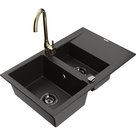 Mexen Gaspar granite sink 1.5-bowl with drainer and Telma kitchen faucet, black/gold - 6507-75-670200-50-B