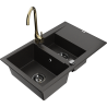 Mexen Gaspar granite sink 1.5-bowl with drainer and Telma kitchen faucet, black/gold - 6507-75-670200-50-B