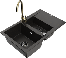 Mexen Gaspar 1.5-bowl granite sink with drainer and Telma kitchen faucet, black/gold - 6507-75-670200-50-B