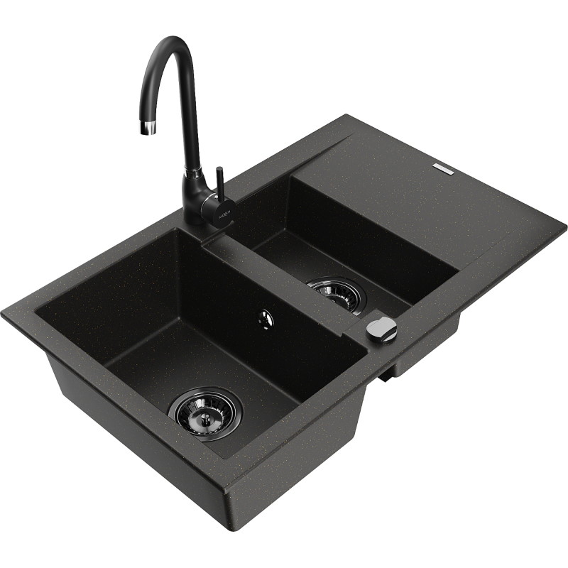 Mexen Gaspar 1.5-bowl granite sink with drainer and Telma kitchen faucet, black/gold - 6507-75-670200-70-B