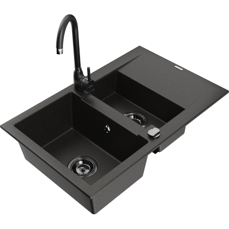 Mexen Gaspar granite sink 1.5-compartment with drainer and Telma kitchen faucet, black/gold - 6507-75-670200-70-B